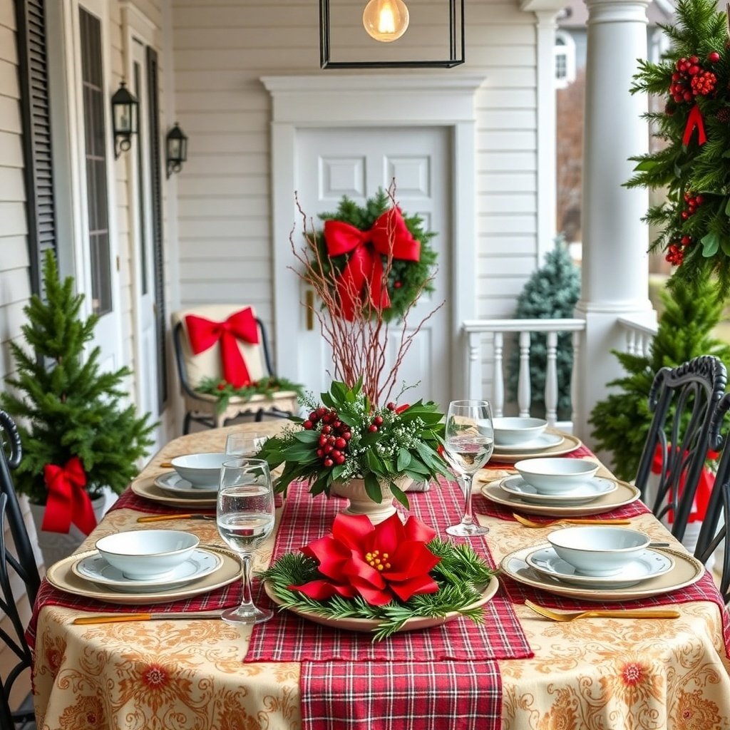 A beautifully decorated Christmas table setting on a porch with greenery, red accents, and a plaid table runner.
