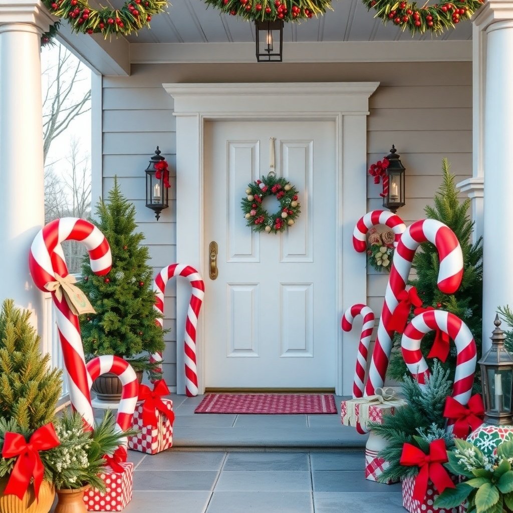 A beautifully decorated porch for Christmas featuring oversized candy cane decorations, greenery, and wrapped gifts.
