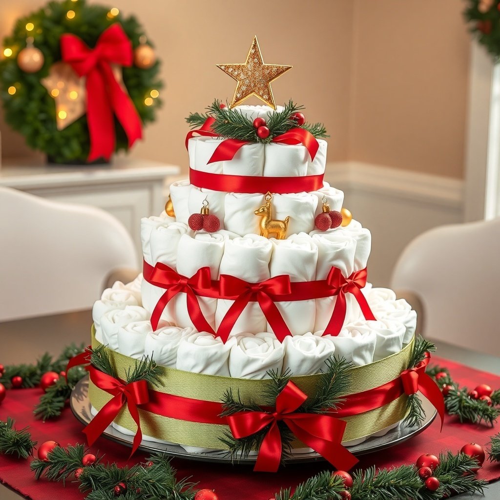 A beautifully arranged Christmas diaper cake decorated with red ribbons, golden accents, and a star on top, set against a festive background.