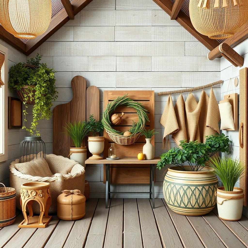 A rustic wedding night room with wooden accents, plants, and warm lighting.