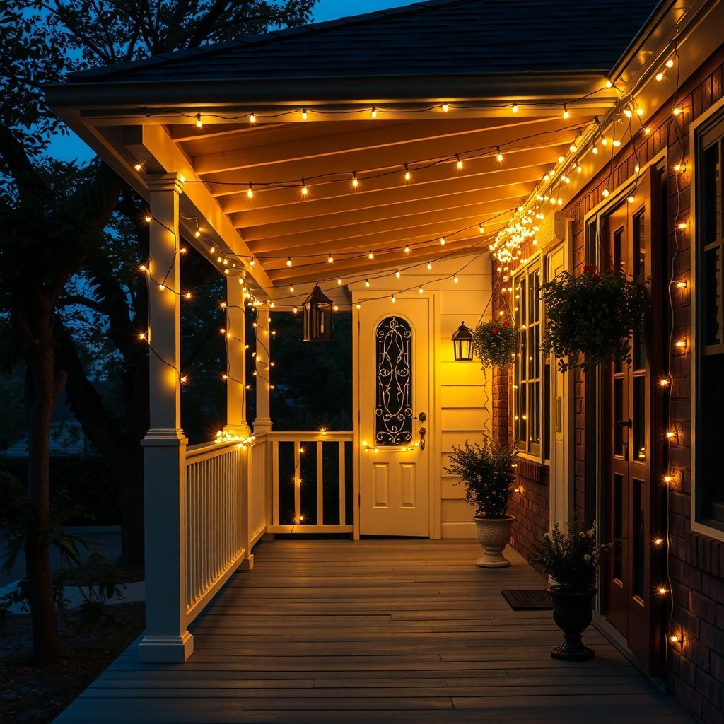 A beautifully decorated porch with twinkling string lights, creating a warm and inviting atmosphere.