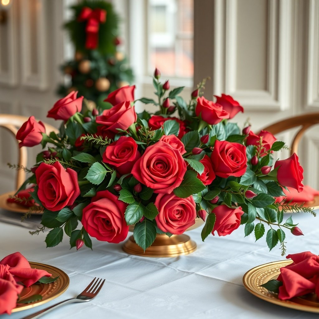 A traditional Christmas table centerpiece featuring red roses and green leaves in a golden vase.
