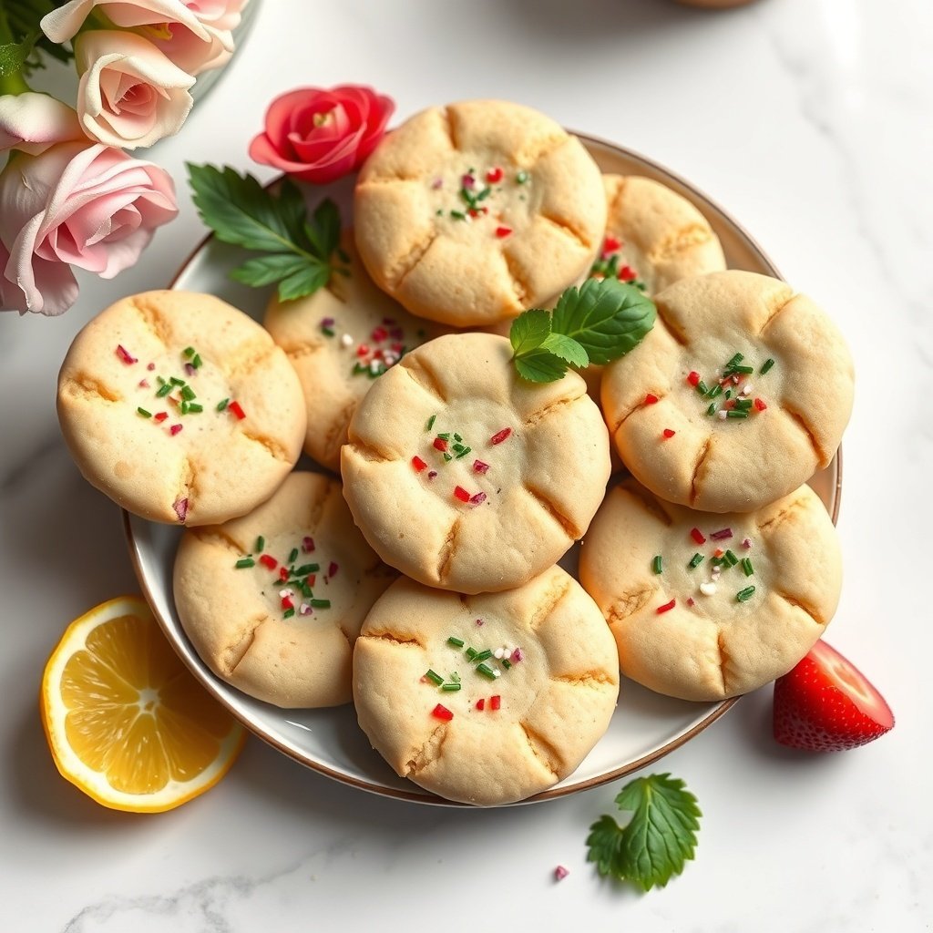 30 Delightful Mexican Wedding Cookie Recipes to Sweeten Your Celebrations A plate of vegan Mexican wedding cookies decorated with colorful sprinkles and garnished with fresh herbs and fruits.