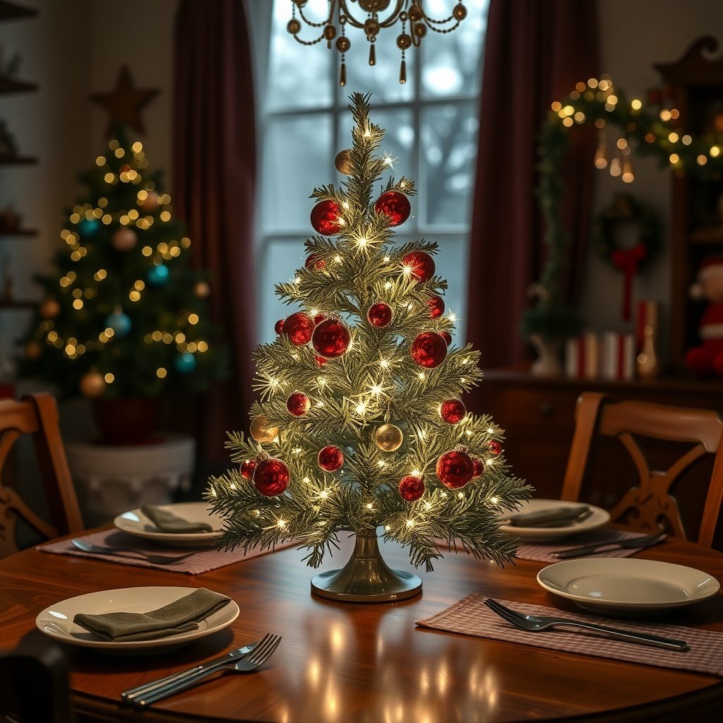 A mini Christmas tree centerpiece on a dining table, decorated with red and gold ornaments and lights.