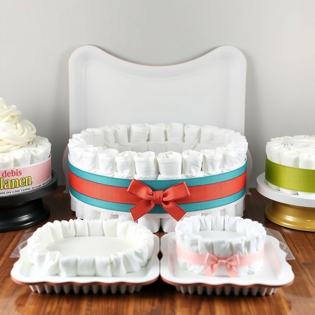 Various bases for a Christmas diaper cake, showcasing different sizes and colors.