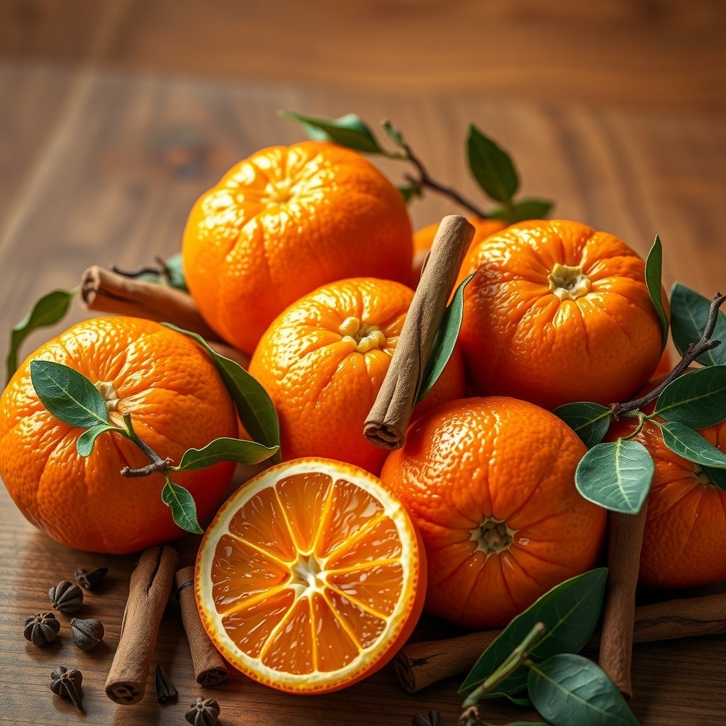 A festive arrangement of oranges, cinnamon sticks, and green leaves on a wooden surface.
