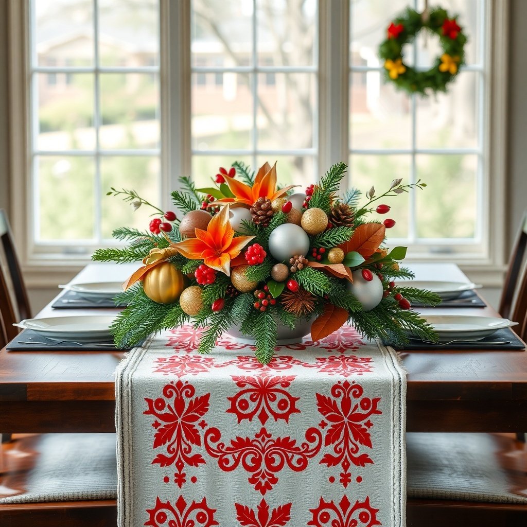 A festive table runner with a colorful centerpiece featuring flowers, ornaments, and greenery.