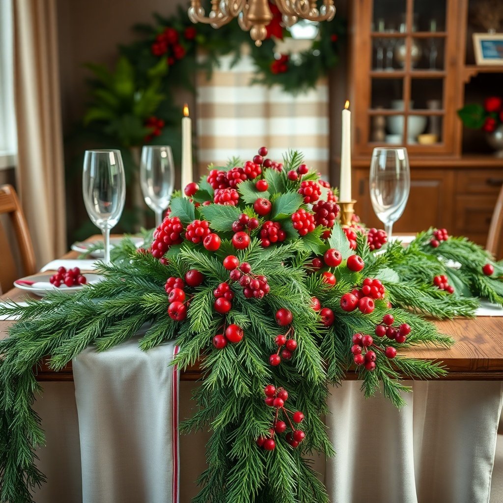 A beautifully arranged evergreen and berry garland as a Christmas table centerpiece, featuring red berries and green foliage.