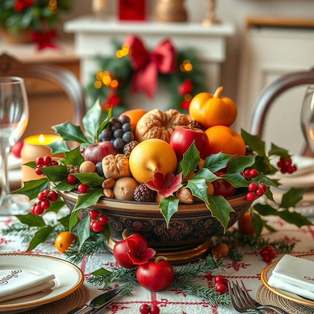 A traditional Christmas fruit and nut bowl centerpiece with colorful fruits and nuts surrounded by greenery.