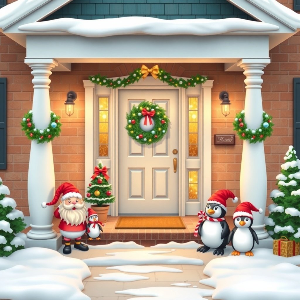 A festive Christmas porch with Santa Claus and penguins, decorated with wreaths and snow.