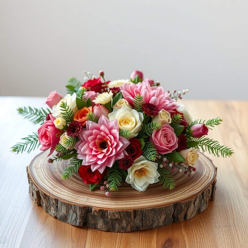A beautiful floral arrangement on a natural wood slice base, featuring pink, red, and white flowers.