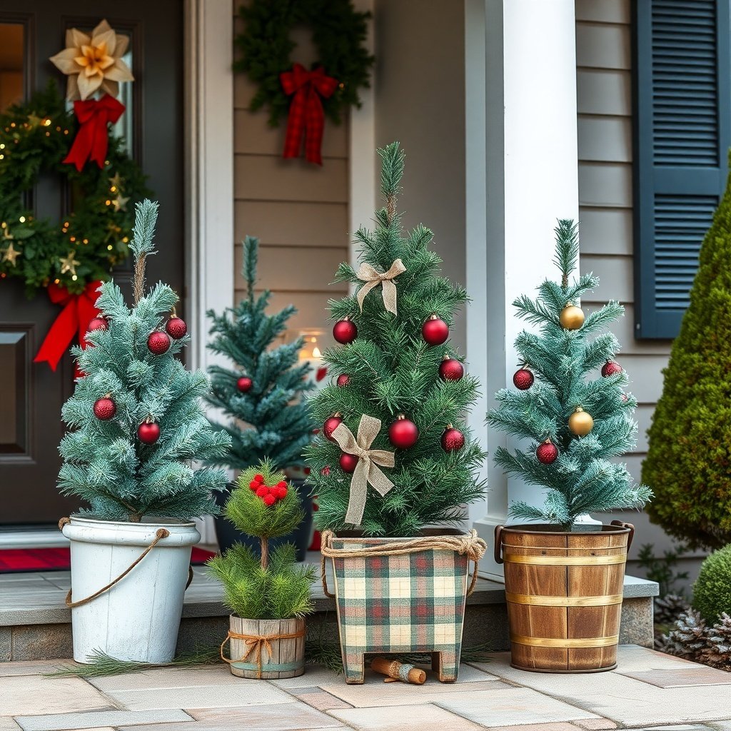 Decorative Christmas trees in unique containers on a porch, featuring a mix of styles and colors.