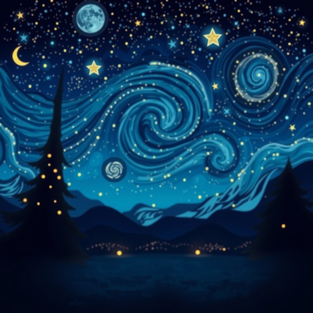 A starry night themed centerpiece for a Christmas table, featuring deep blues, twinkling stars, and natural elements.