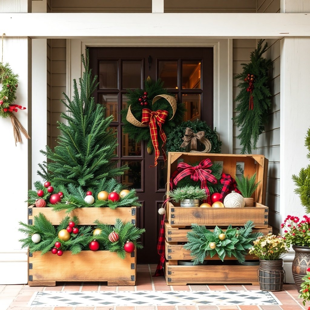 Wooden crates filled with holiday decorations on a porch