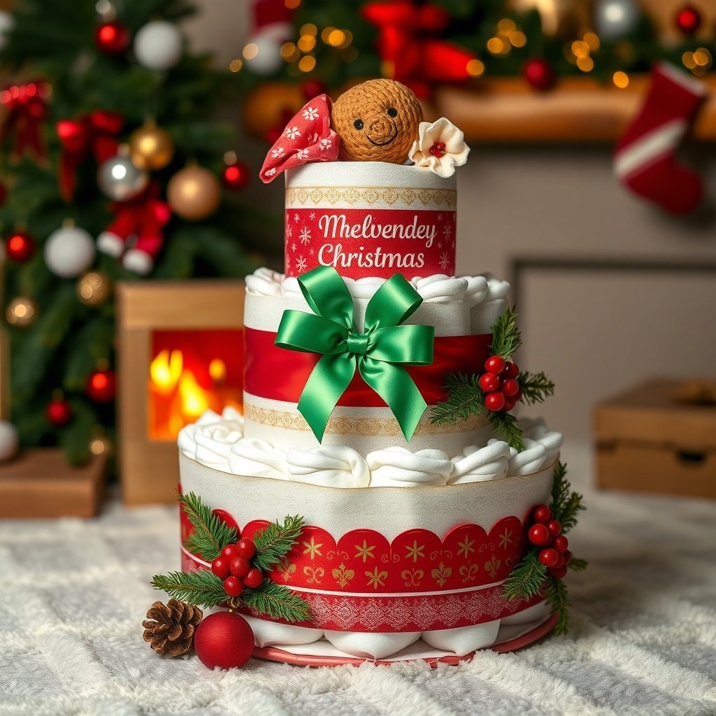 A beautifully decorated Christmas diaper cake with festive colors and accessories.
