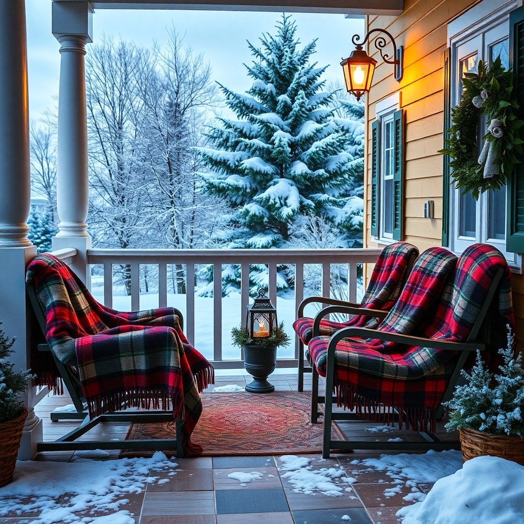 A cozy porch decorated for Christmas with plaid blankets on chairs, a lantern, and snow-covered trees in the background.