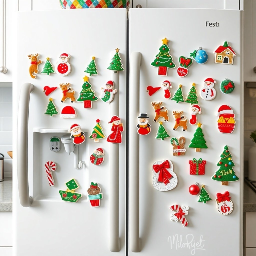 Colorful Christmas-themed refrigerator magnets on a white fridge.