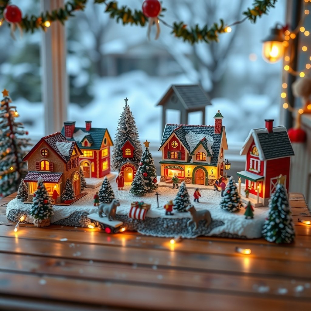 A beautifully arranged miniature Christmas village with colorful houses, snow-covered trees, and festive decorations.