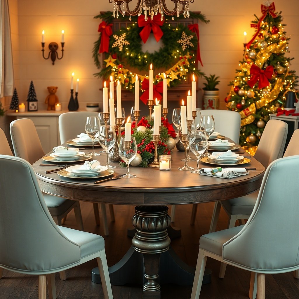 A beautifully decorated dining table for Christmas with candles, ornaments, and a festive centerpiece.