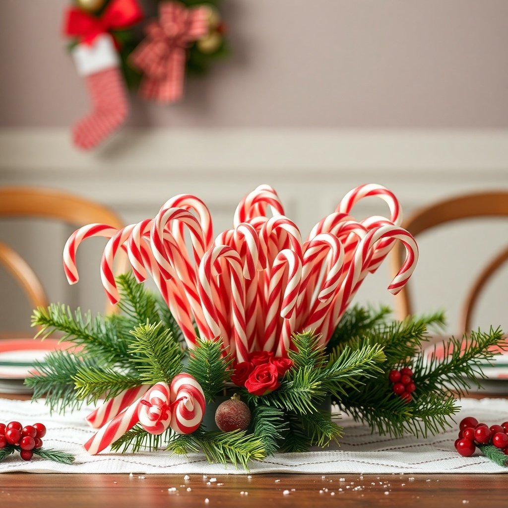 A colorful candy cane arrangement with red and white candy canes, green pine branches, and red roses on a wooden table.