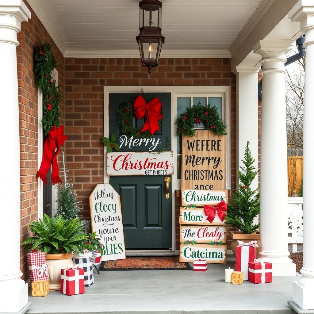 A decorated porch with Christmas signs and festive decorations.