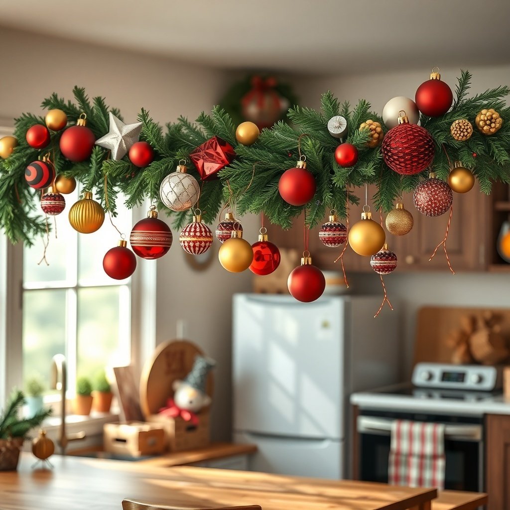 A festive garland with red and gold ornaments hanging in a cozy kitchen.