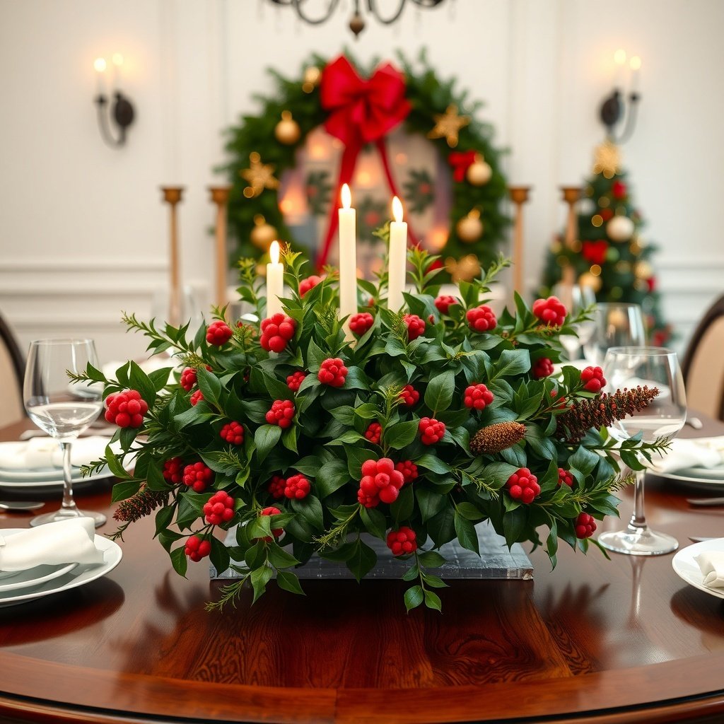 A festive holly and ivy arrangement with white candles on a Christmas table