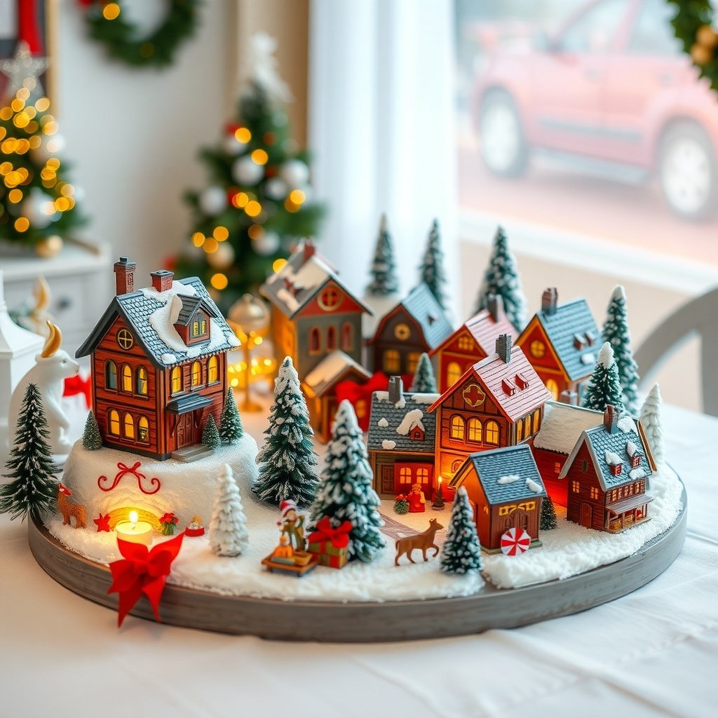 A charming Christmas village scene with colorful houses, snow, and festive decorations.