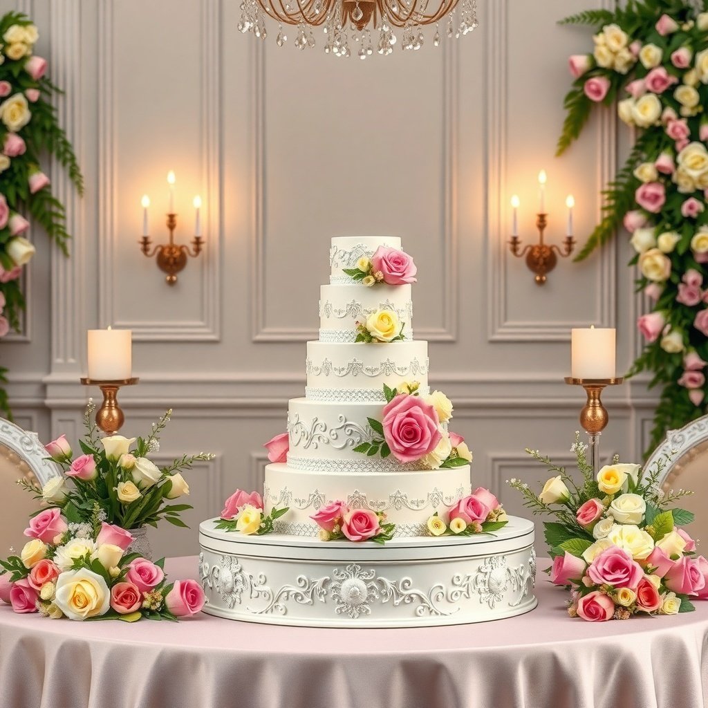 A beautifully decorated wedding cake with pink and yellow roses, surrounded by floral arrangements and candles.