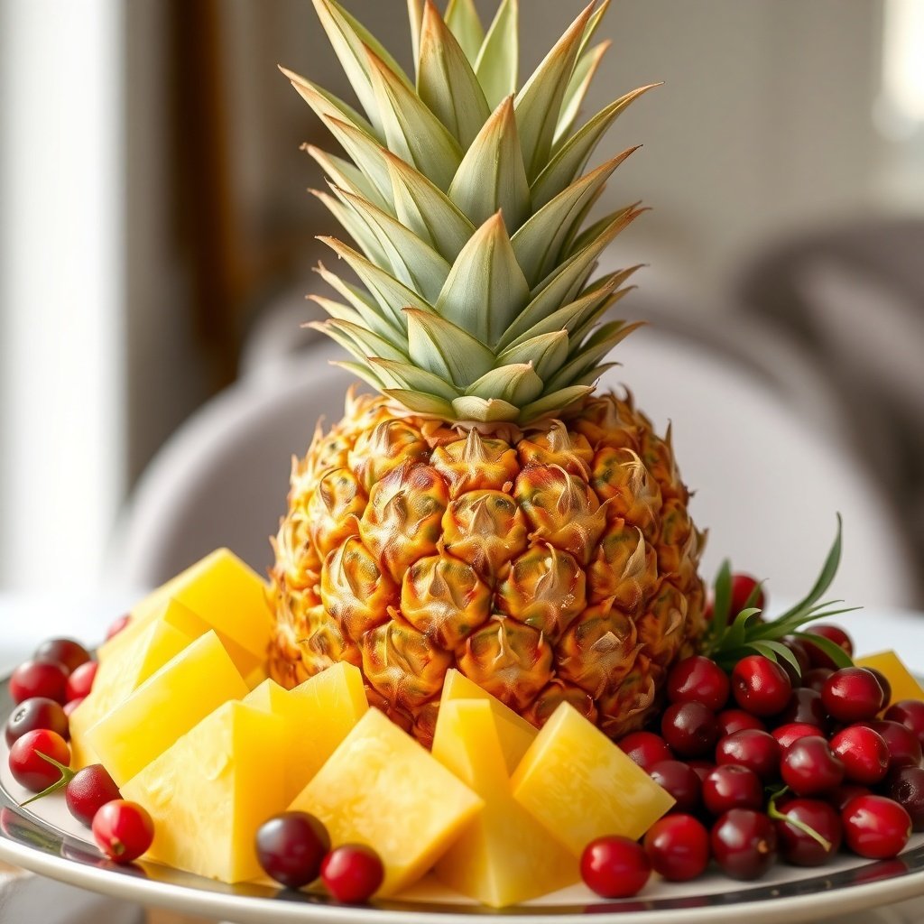 A vibrant centerpiece featuring a whole pineapple surrounded by chunks of yellow pineapple and red cranberries.