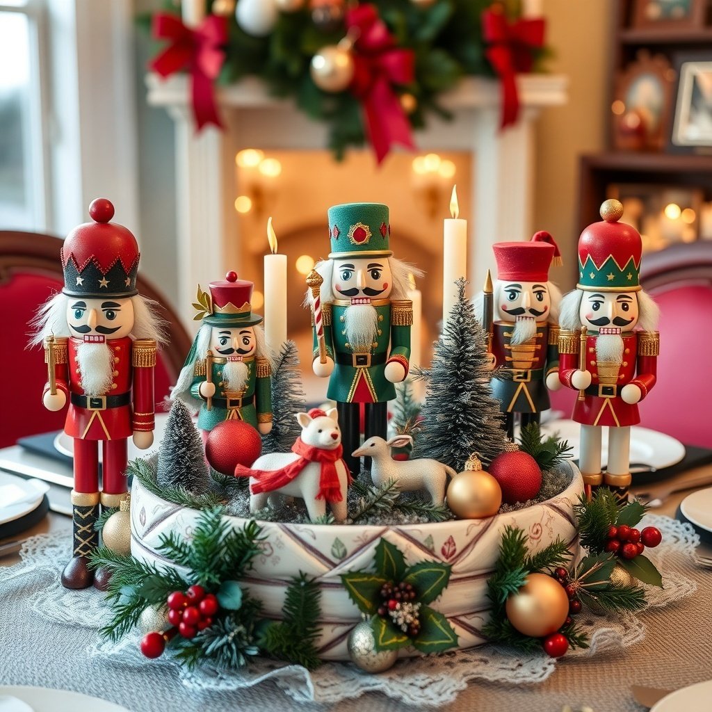 A festive Nutcracker themed table centerpiece featuring colorful nutcracker figures, candles, and holiday decorations.