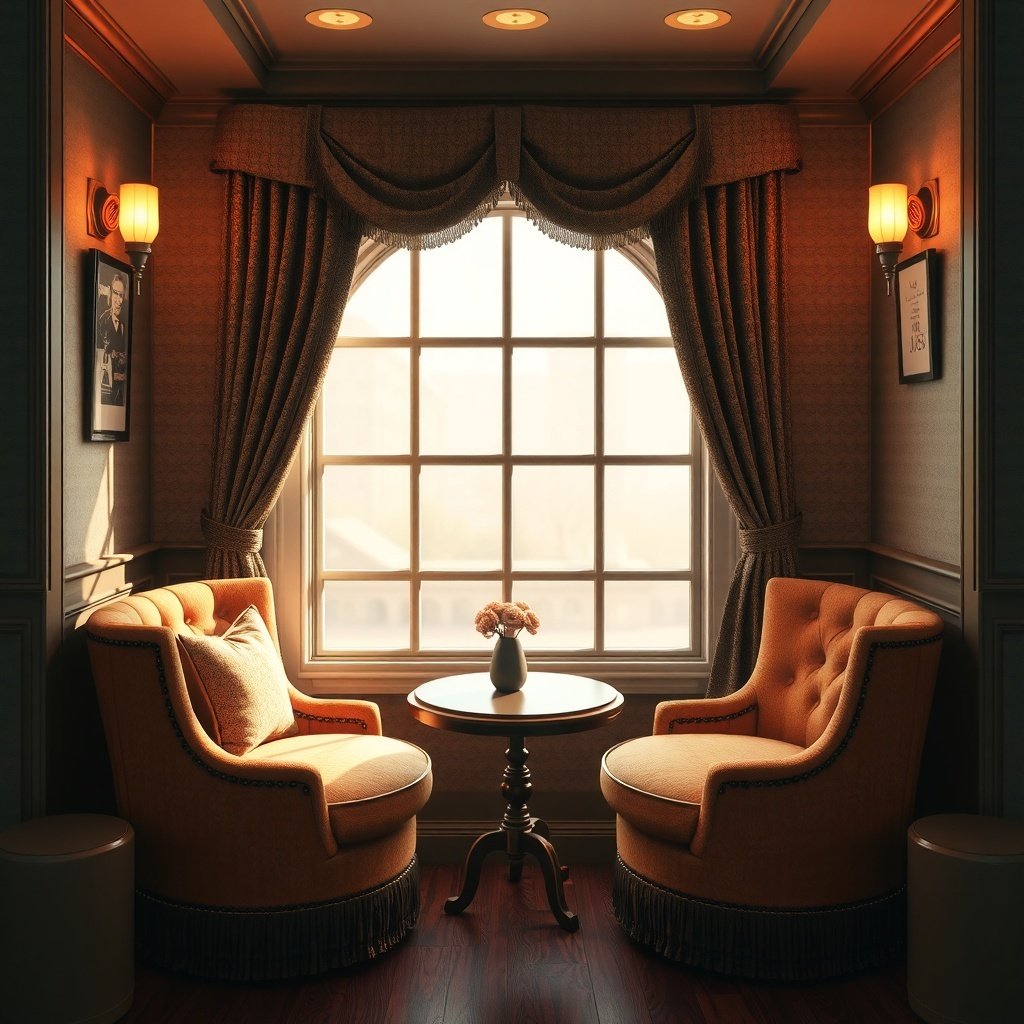 Cozy seating area with two armchairs, a small table, and a window with curtains.