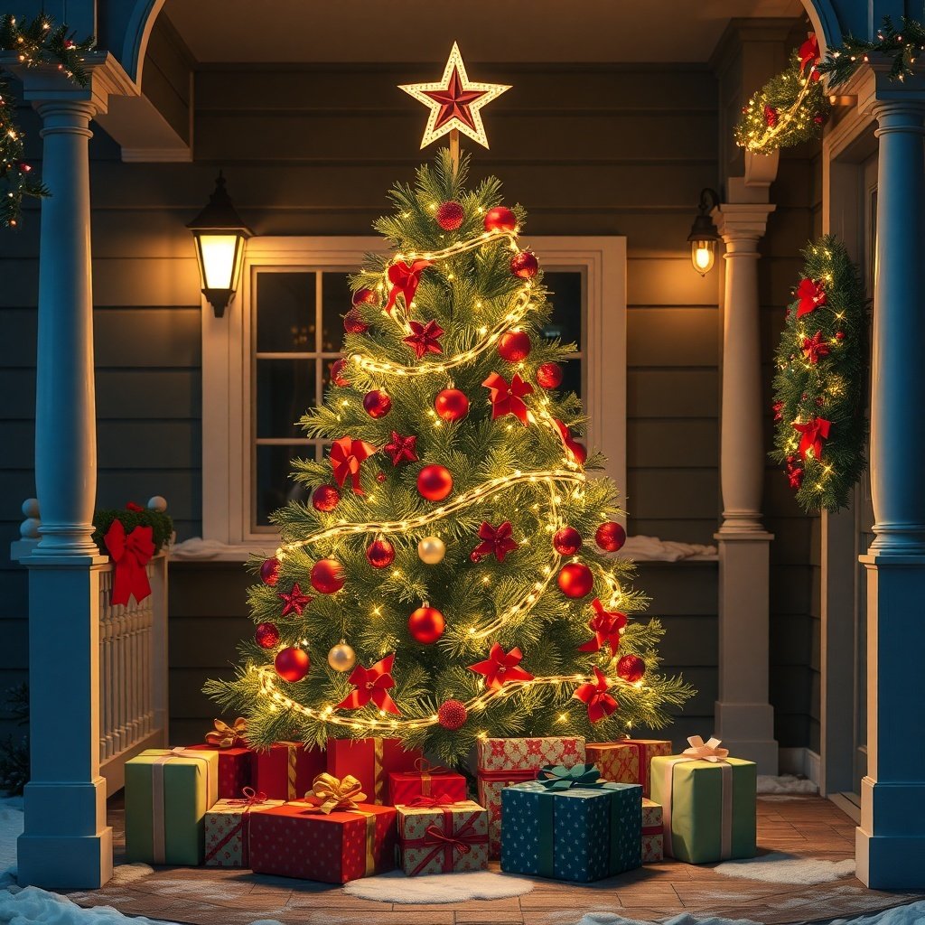 A beautifully decorated Christmas tree with lights and gifts on a porch