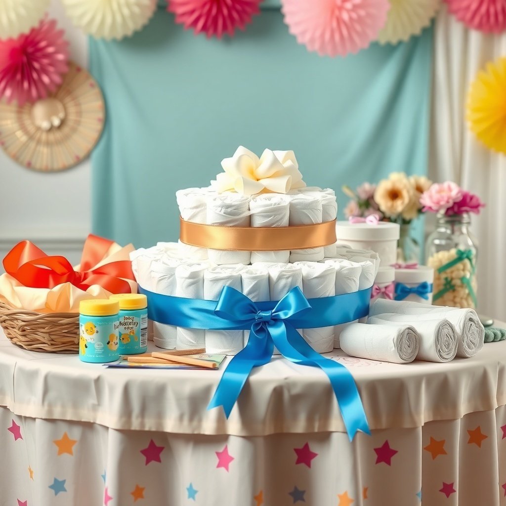 A beautifully arranged Christmas diaper cake with colorful ribbons and baby essentials.
