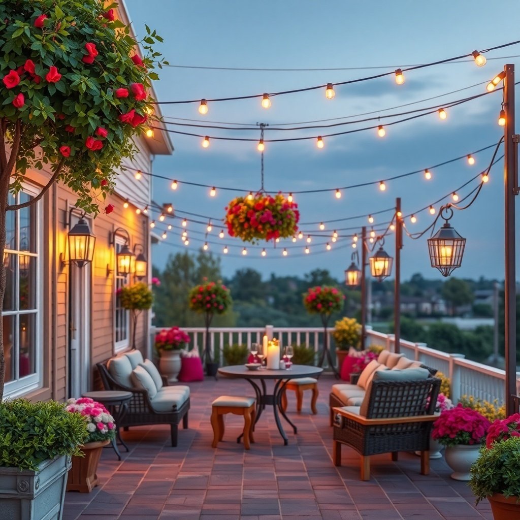 A romantic outdoor patio decorated with flowers and string lights, perfect for a wedding night.