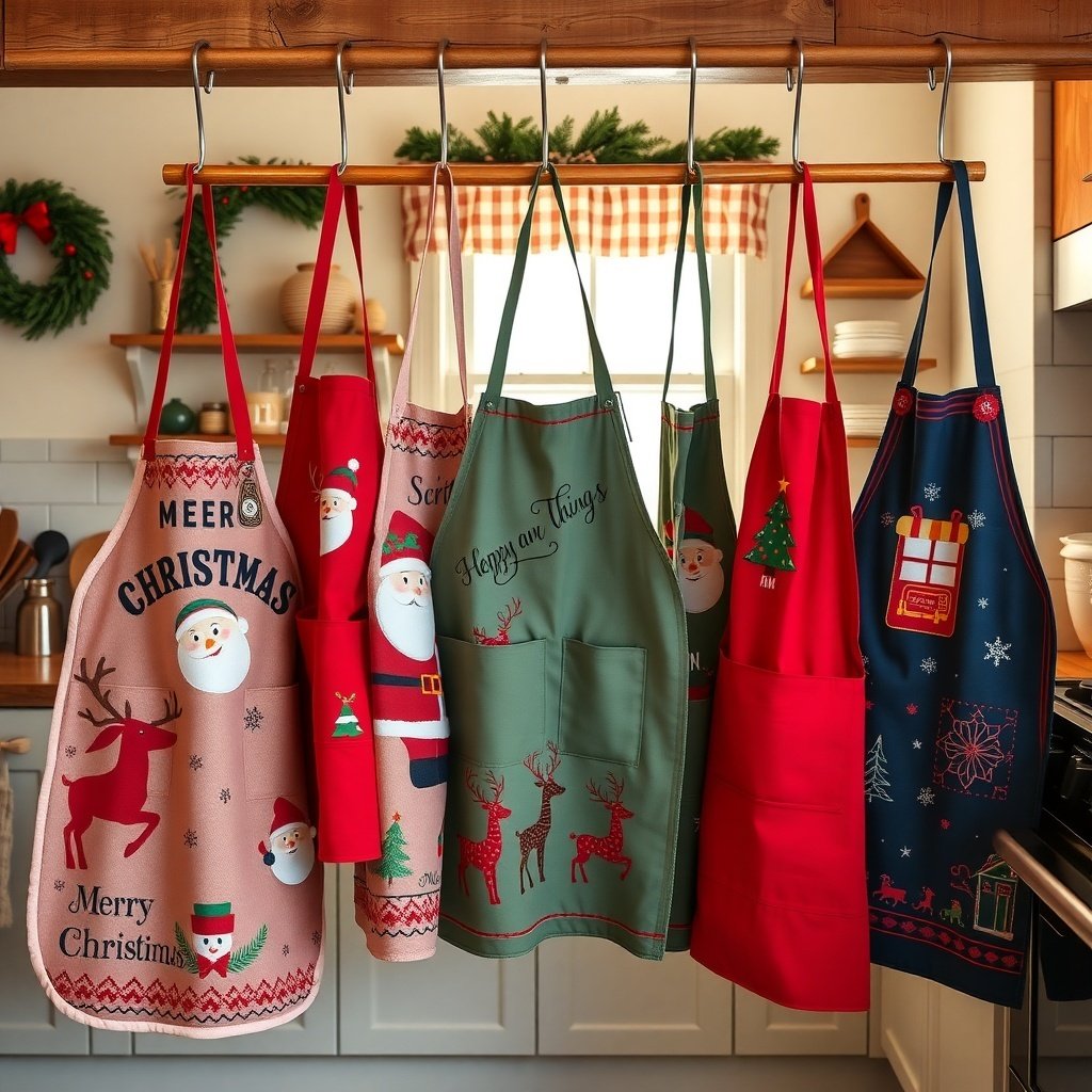 A collection of colorful Christmas-themed aprons hanging in a kitchen.