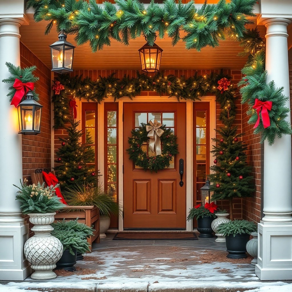A beautifully decorated porch for Christmas featuring lanterns, greenery, and festive decorations.