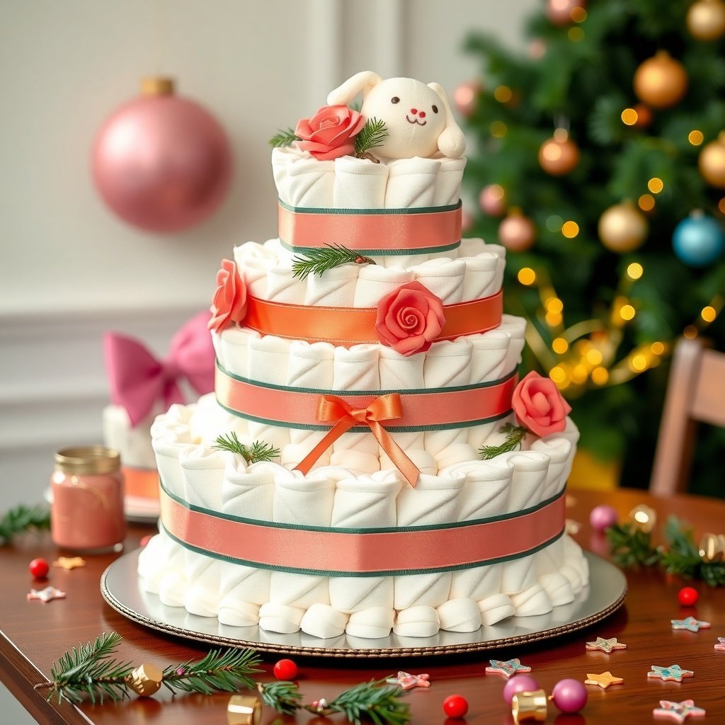 A beautifully decorated Christmas diaper cake with layers wrapped in fabric, adorned with flowers and a bunny on top, set against a festive background.