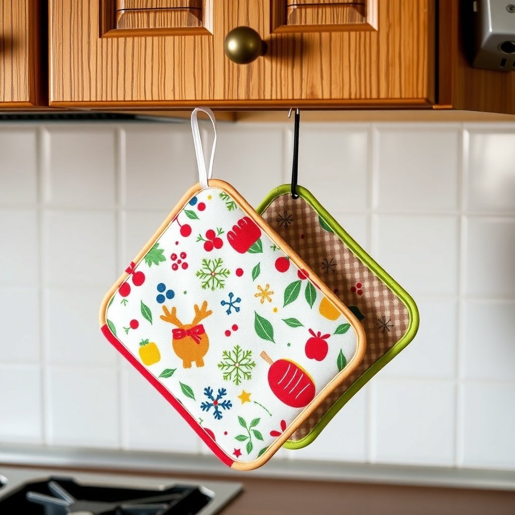 Colorful Christmas-themed pot holders hanging in a kitchen.