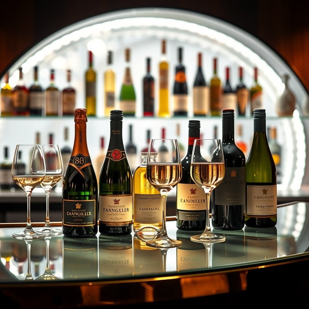 An elegant wine and champagne bar with various bottles and glasses arranged on a stylish countertop.
