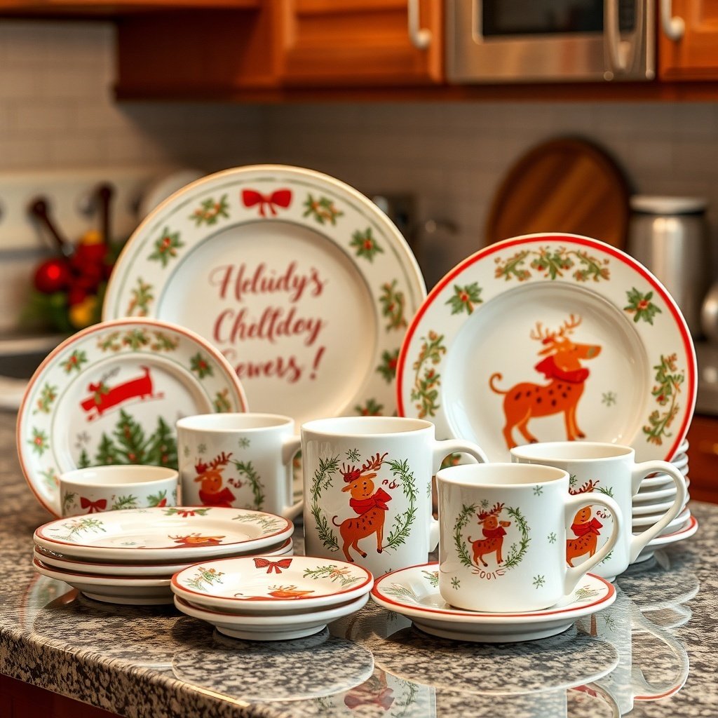 A collection of holiday-themed dishware featuring reindeer and festive designs.
