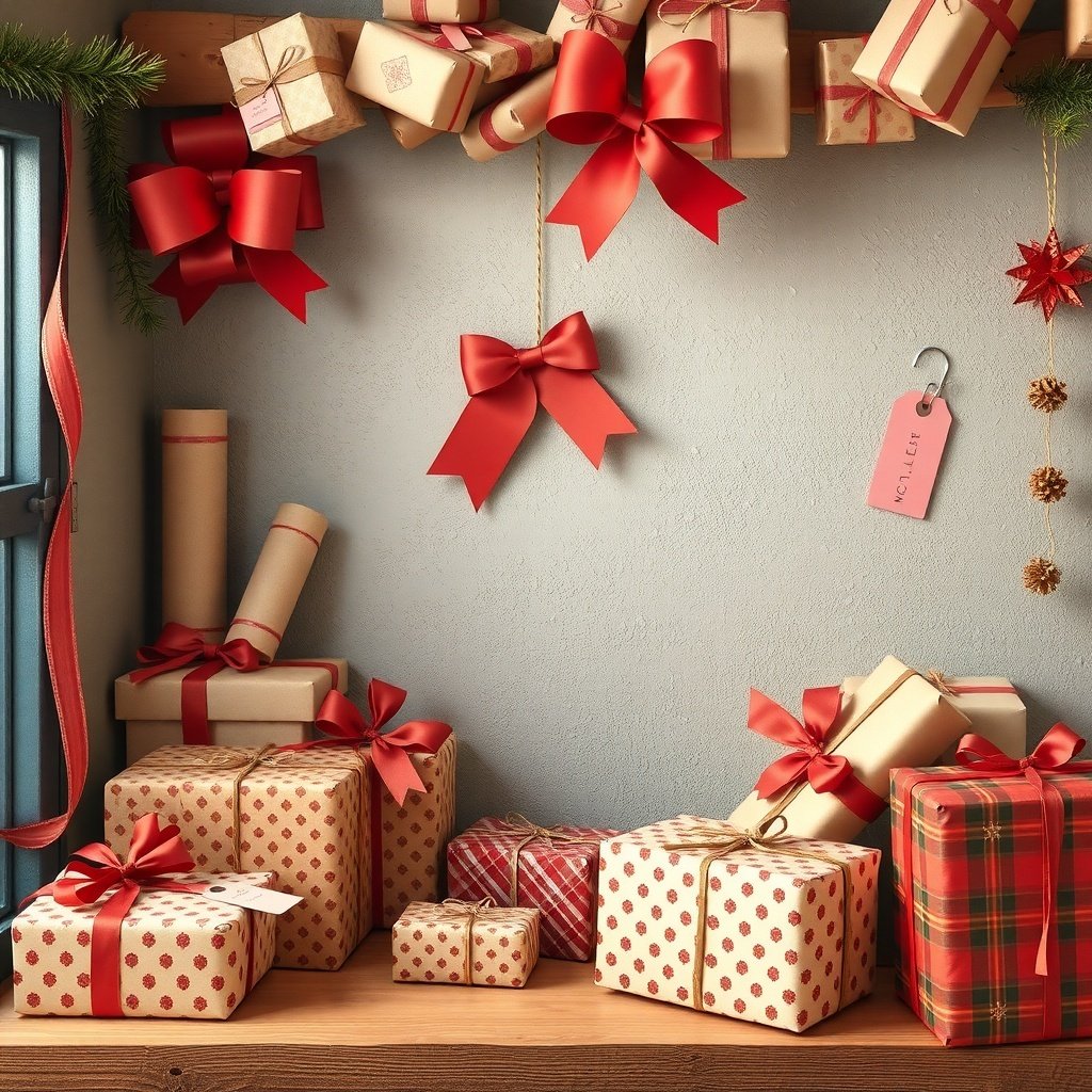 A cozy holiday gift wrapping scene with presents and red bows