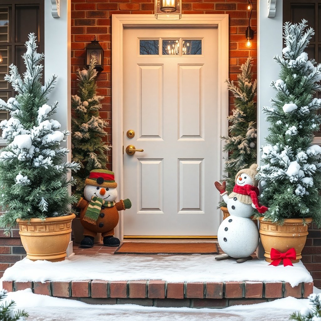 A festive porch decorated for Christmas with snowmen and snowy trees.
