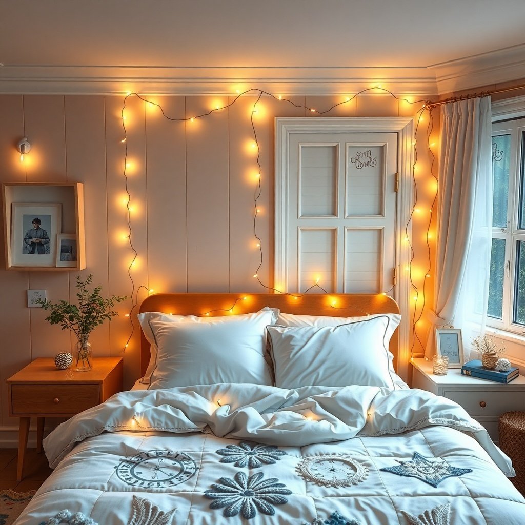 A cozy bedroom with soft fairy lights adorning the walls and a neatly made bed.
