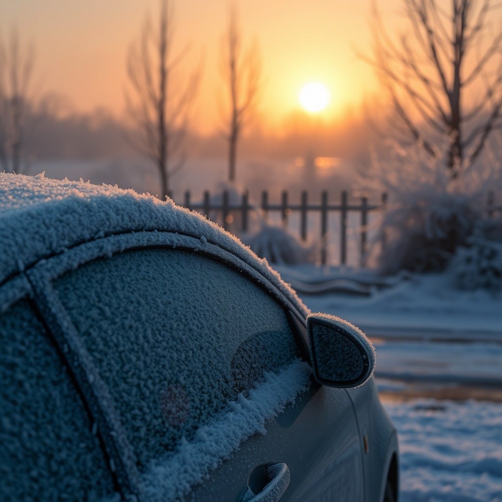 A frosty car window with a sunrise in the background, showcasing a winter morning.