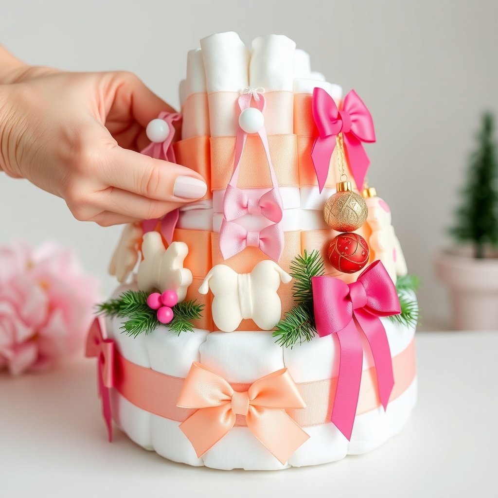 A hand adjusting a beautifully decorated Christmas diaper cake with ribbons and ornaments.