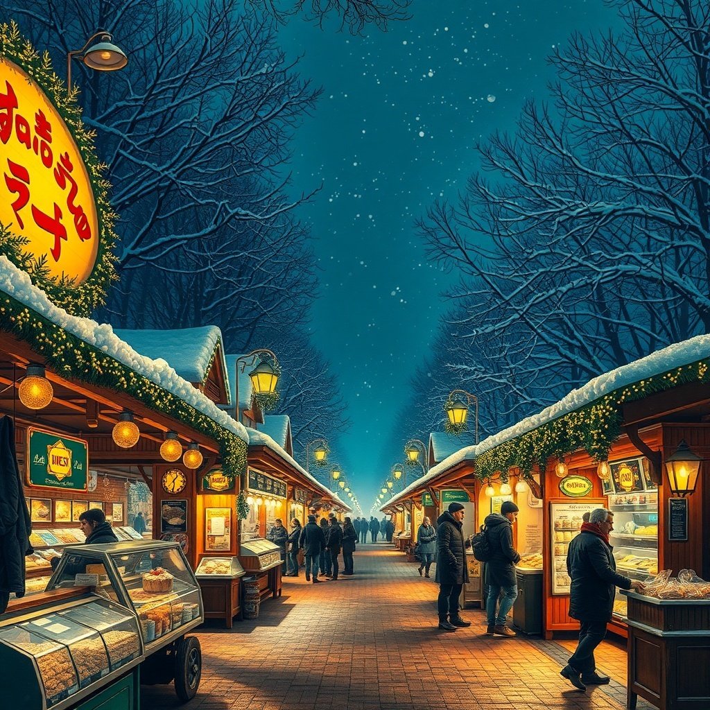 A winter night market scene with stalls, lights, and people enjoying the festive atmosphere.