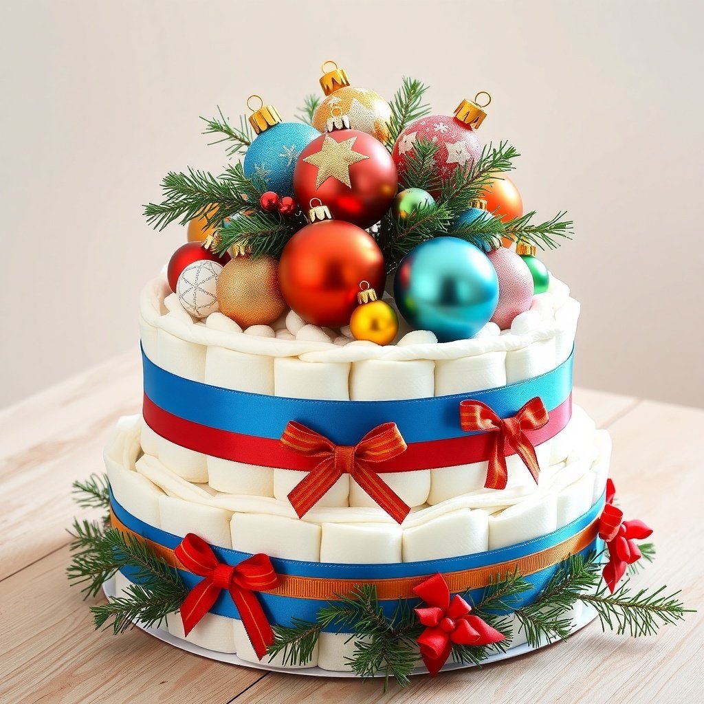 A Christmas diaper cake decorated with colorful ornaments and greenery.