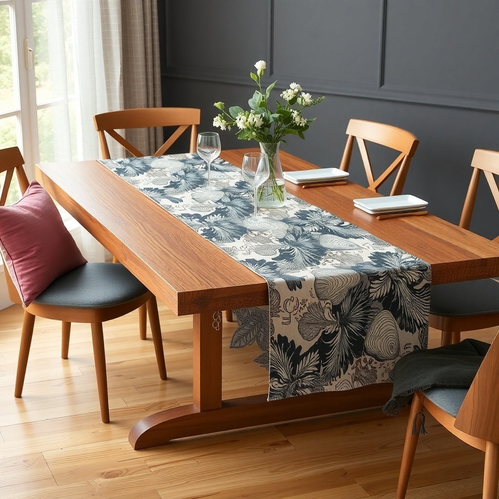 A wooden dining table with a floral table runner, glassware, and a small bouquet of flowers.