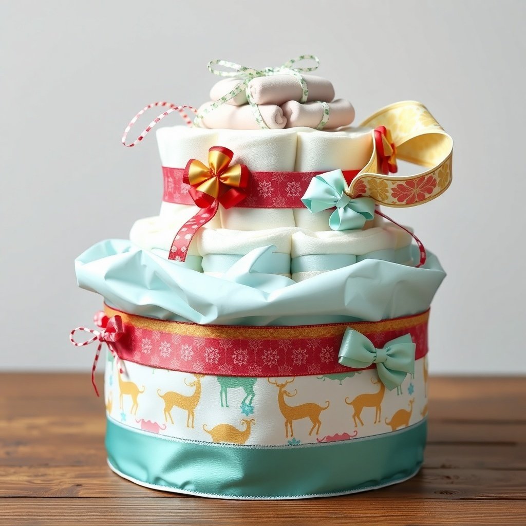 A beautifully wrapped Christmas diaper cake with colorful ribbons and festive decorations.